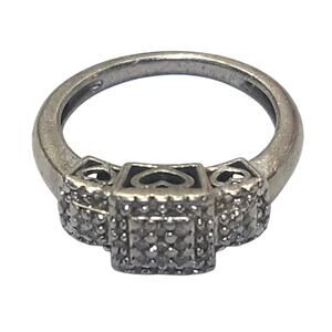 925 SUN Sterling Silver Diamond Heart Pave Ring Size 7